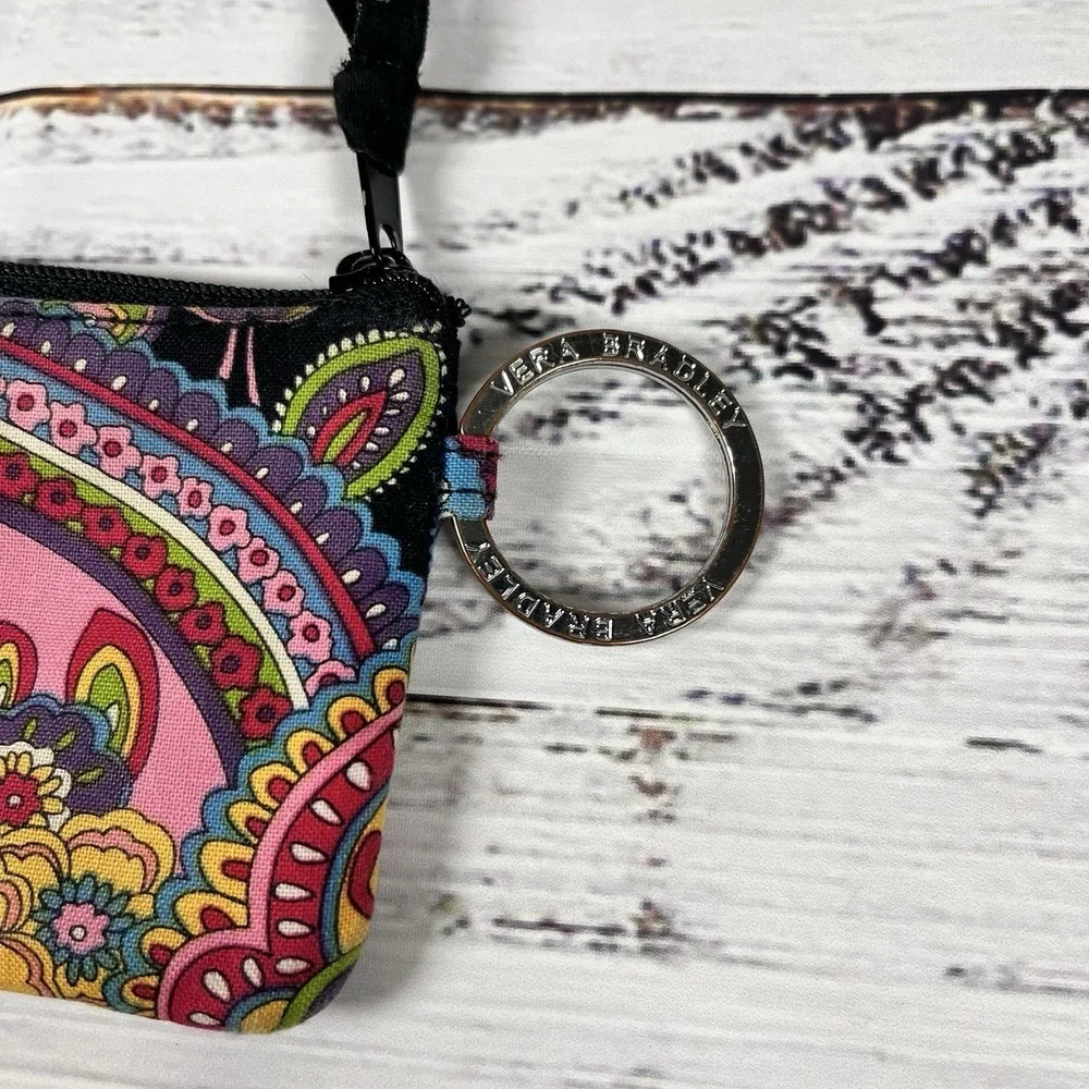 Vera Bradley Black Pink Paisley Zip ID Case Card Wallet Coin Purse Colorful
